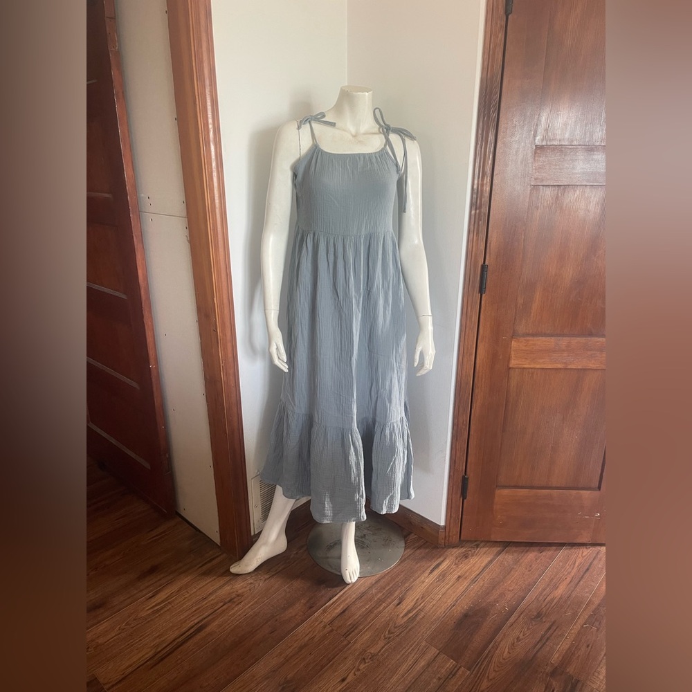 100% COTTON - Papillon Blanc Smoke Blue Tie-Shoulder Maxi Dress